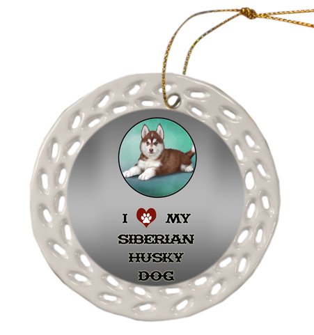 Siberian Husky Dog Christmas Doily Ceramic Ornament