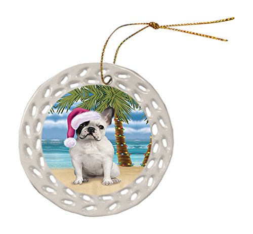 Summertime French Bulldog on Beach Christmas Round Doily Ornament POR527