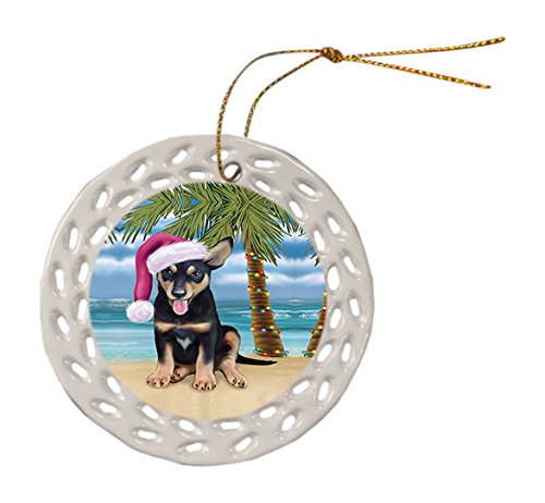 Summertime Australian Kelpie Puppy on Beach Christmas Round Doily Ornament POR424