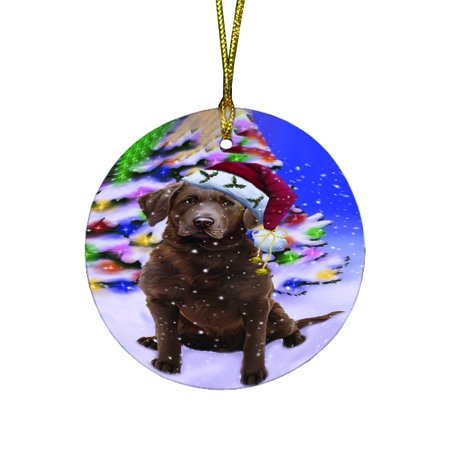 Winterland Wonderland Chesapeake Bay Retriever Dog In Christmas Holiday Scenic Background Round Ornament D453
