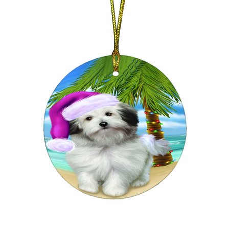 Summertime Happy Holidays Christmas Bolognese Dogs on Tropical Island Beach Round Ornament D432