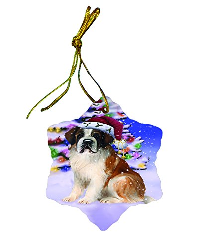 Winter Wonderland Saint Bernard Dog Christmas Star Porcelain Ornament POR2999