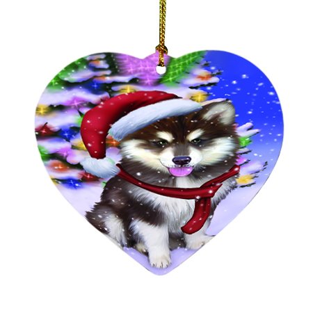 Winterland Wonderland Alaskan Malamute Dog In Christmas Holiday Scenic Background Heart Ornament D445