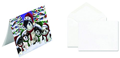 Shih Tzu Dog Christmas Family Portrait in Holiday Scenic Background Handmade Artwork Assorted Pets Greeting Cards and Note Cards with Envelopes for All Occasions and Holiday Seasons