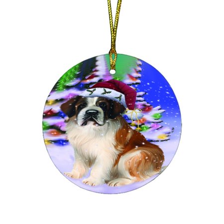 Winterland Wonderland Saint Bernard Dog In Christmas Holiday Scenic Background Round Ornament D523
