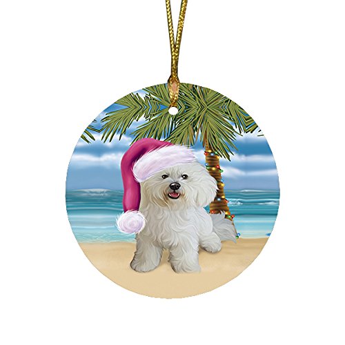 Summertime Happy Holidays Christmas Bichon Frise Dog on Tropical Island Beach Round Ornament