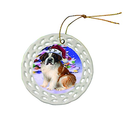 Winter Wonderland Saint Bernard Dog Christmas Round Porcelain Ornament POR677