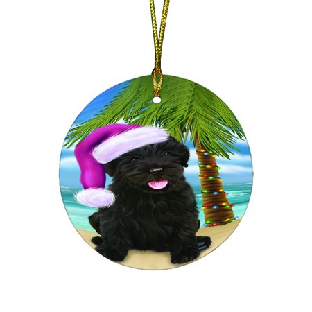 Summertime Happy Holidays Christmas Black Russian Terrier Dog on Tropical Island Beach Round Ornament D431