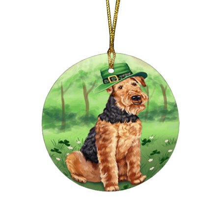 St. Patricks Day Irish Portrait Airedale Terrier Dog Round Christmas Ornament RFPOR48437