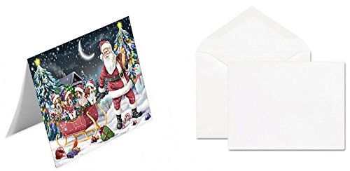 Santa Sled Dogs Christmas Happy Holidays Brittany Spaniel Handmade Artwork Assorted Pets Greeting Cards and Note Cards with Envelopes for All Occasions and Holiday Seasons GCD2935