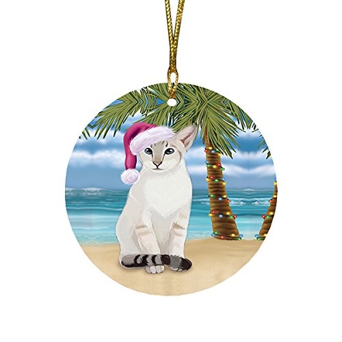 Summertime Siamese Cat on Beach Christmas Round Flat Ornament POR1703