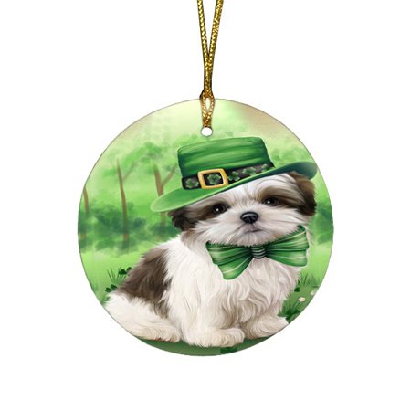 St. Patricks Day Irish Portrait Malti Tzu Dog Round Christmas Ornament RFPOR48828