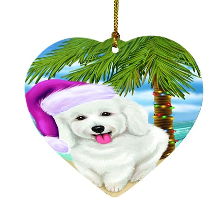 Summertime Happy Holidays Christmas Bichon Frise Dog on Tropical Island Beach Heart Ornament D425