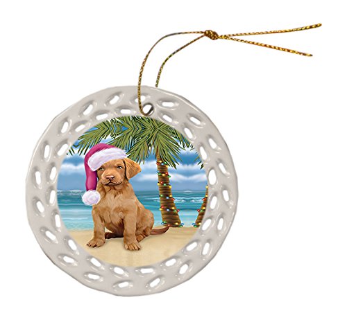 Summertime Chesapeake Bay Retriever Puppy on Beach Christmas Round Doily Ornament POR428