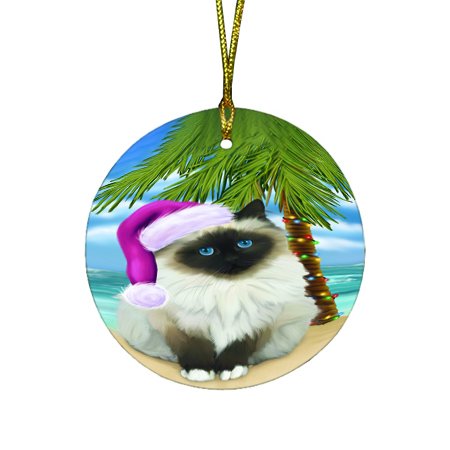 Summertime Happy Holidays Christmas Birman Cat on Tropical Island Beach Round Ornament D426