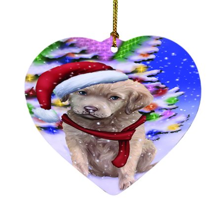 Winterland Wonderland Chesapeake Bay Retriever Dog In Christmas Holiday Scenic Background Heart Ornament D455