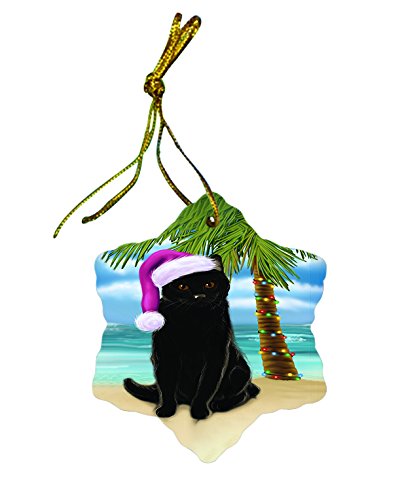 Summertime Black Cat on Beach Christmas Star Ornament POR2982