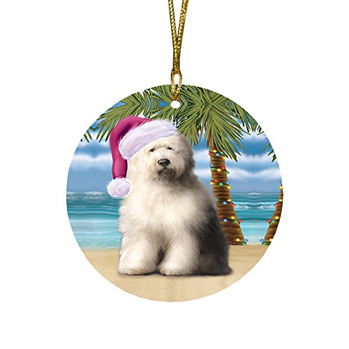Summertime Old English Sheepdog on Beach Christmas Round Flat Ornament POR1697