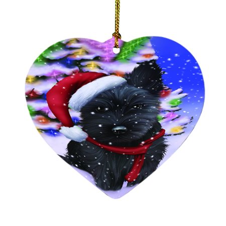 Winterland Wonderland Scottish Terrier Dog In Christmas Holiday Scenic Background Heart Ornament D463