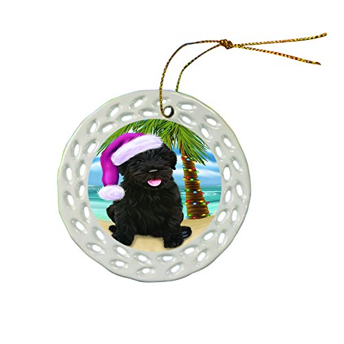 Summertime Black Russian Terrier Dog with Santa Hat Christmas Round Porcelain Ornament POR662