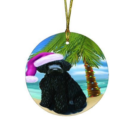 Summertime Happy Holidays Christmas Barbets Dog on Tropical Island Beach Round Ornament D419