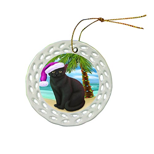 Summertime Black Cat with Santa Hat Christmas Round Porcelain Ornament POR661