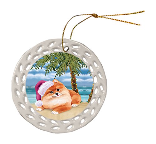 Summertime Pomeranian Dog on Beach Christmas Round Doily Ornament POR583