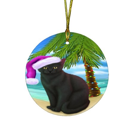 Summertime Happy Holidays Christmas Black Cat on Tropical Island Beach Round Ornament D430