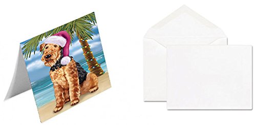 Summertime Happy Holidays Christmas Airedale Dog on Tropical Island Beach Handmade Artwork Assorted Pets Greeting Cards and Note Cards with Envelopes for All Occasions and Holiday Seasons