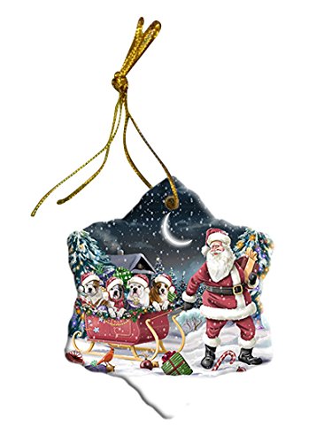 Santa Sled Dogs Bulldog Christmas Star Ornament POR2713