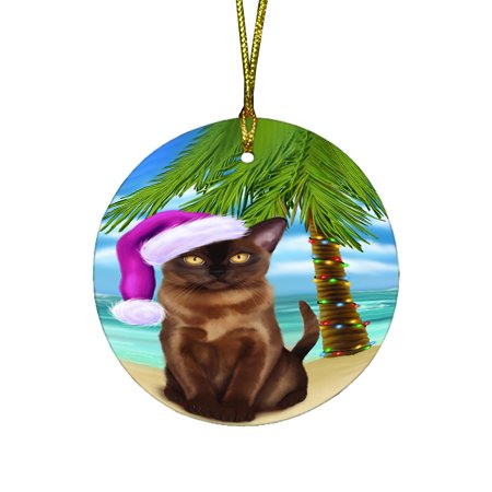 Summertime Happy Holidays Christmas Burmese Cat on Tropical Island Beach Round Ornament D440