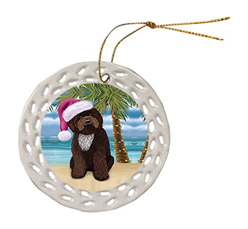 Summertime Barbet Dog on Beach Christmas Round Doily Ornament POR455