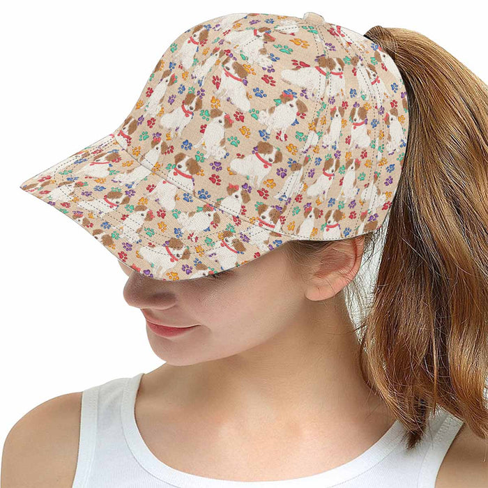 Women's All Over Rainbow Paw Print Brittany Spaniel Dog Snapback Hat Cap