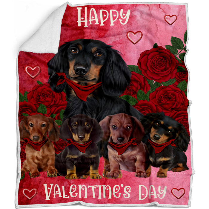 Happy Valentine Red Roses Dachshund Dogs Blanket - Lightweight Soft Cozy and Durable Bed Blanket - Animal Theme Fuzzy Blanket for Sofa Couch AA13
