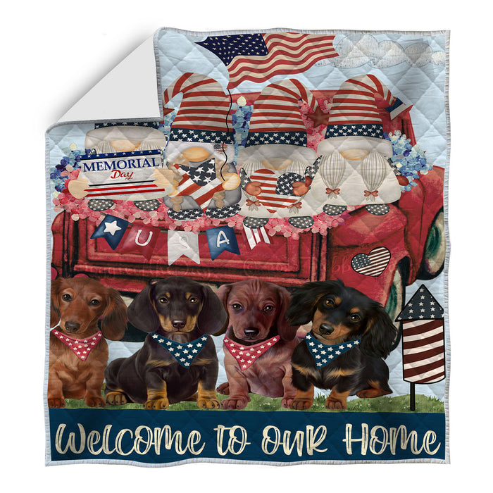 Happy Memorial Day Gnome Red Truck Dachshund Dogs Quilt Bed Coverlet Bedspread - Pets Comforter Unique One-side Animal Printing - Soft Lightweight Durable Washable Polyester Quilt AA12