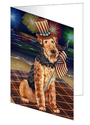 4th of July Firework Airedale Terrier Dog Handmade Artwork Assorted Pets Greeting Cards and Note Cards with Envelopes for All Occasions and Holiday Seasons GCD48626