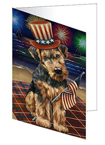 4th of July Firework Airedale Terrier Dog Handmade Artwork Assorted Pets Greeting Cards and Note Cards with Envelopes for All Occasions and Holiday Seasons GCD48632