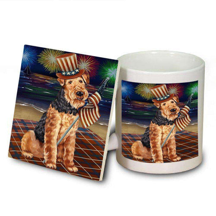 4th of July Firework Airedale Terrier Dog Mug and Coaster Set MUC48142