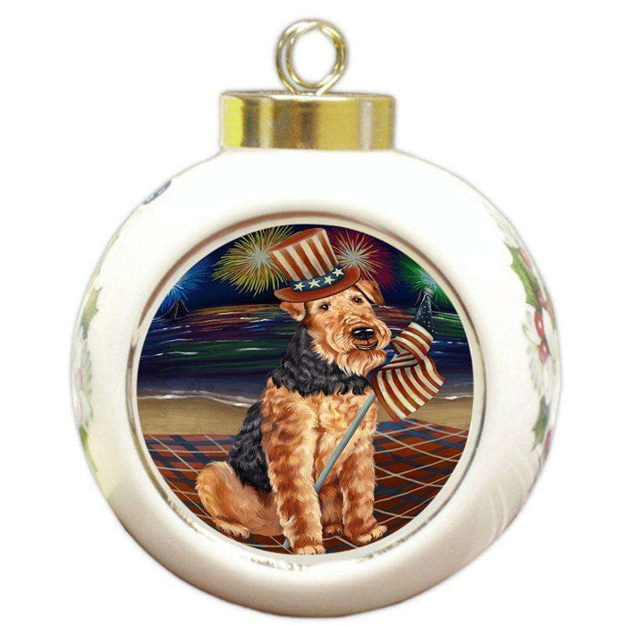 4th of July Firework Airedale Terrier Dog Round Ball Christmas Ornament RBPOR48150