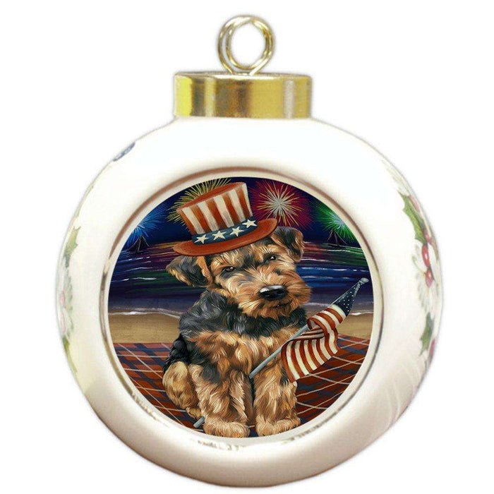 4th of July Firework Airedale Terrier Dog Round Ball Christmas Ornament RBPOR48152