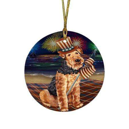 4th of July Firework Airedale Terrier Dog Round Christmas Ornament RFPOR48141