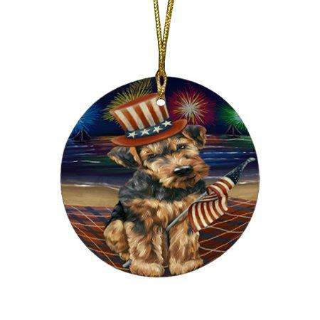 4th of July Firework Airedale Terrier Dog Round Christmas Ornament RFPOR48143