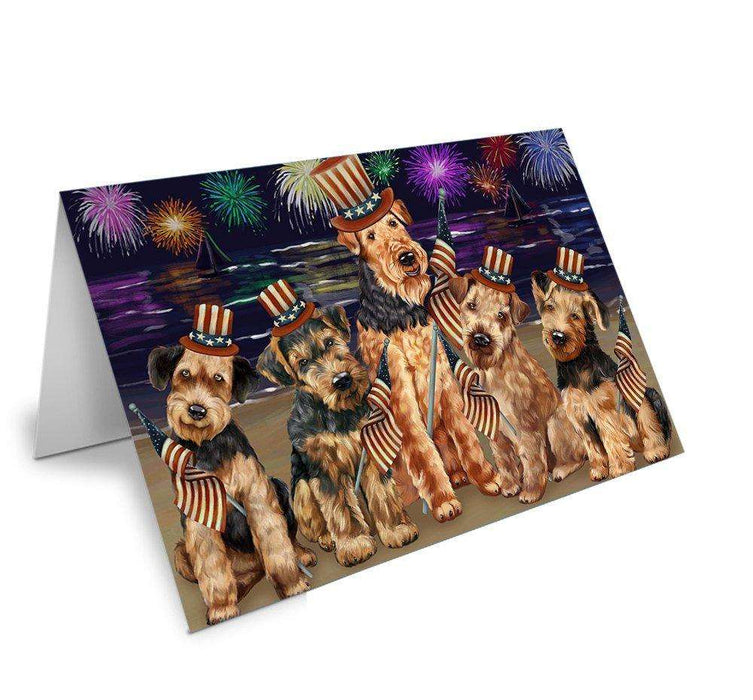 4th of July Firework Airedale Terriers Dog Handmade Artwork Assorted Pets Greeting Cards and Note Cards with Envelopes for All Occasions and Holiday Seasons GCD48629