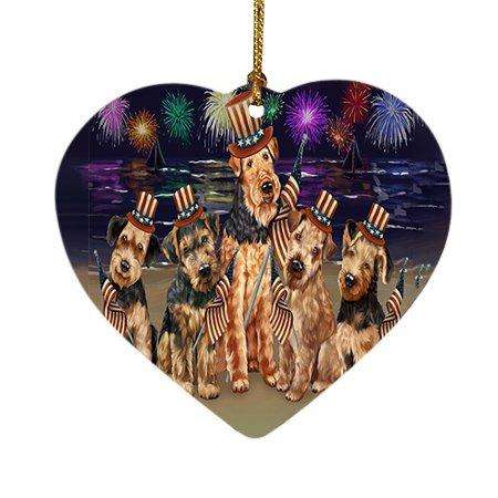 4th of July Firework Airedale Terriers Dog Heart Christmas Ornament HPOR48151