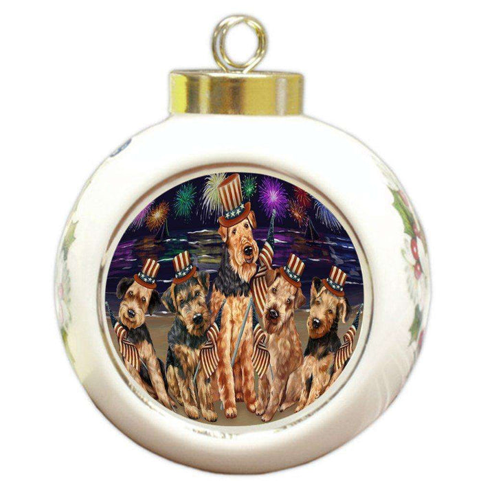 4th of July Firework Airedale Terriers Dog Round Ball Christmas Ornament RBPOR48151