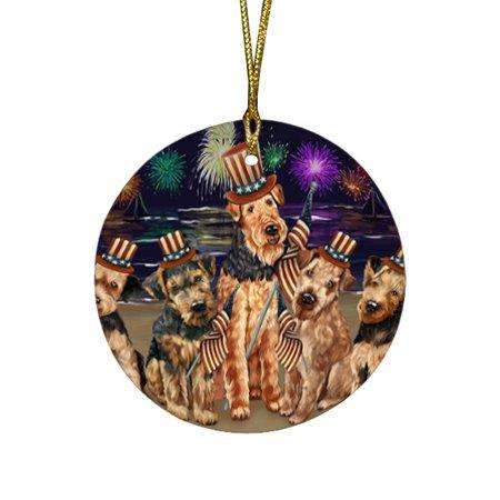 4th of July Firework Airedale Terriers Dog Round Christmas Ornament RFPOR48142