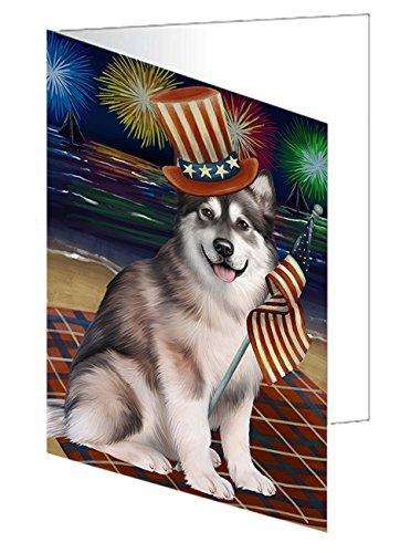 4th of July Firework Alaskan Malamute Dog Handmade Artwork Assorted Pets Greeting Cards and Note Cards with Envelopes for All Occasions and Holiday Seasons GCD48635