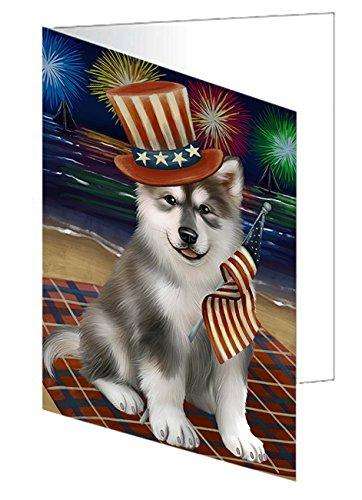 4th of July Firework Alaskan Malamute Dog Handmade Artwork Assorted Pets Greeting Cards and Note Cards with Envelopes for All Occasions and Holiday Seasons GCD48641