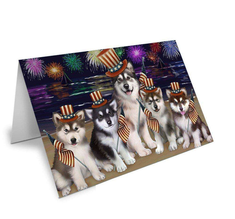4th of July Firework Alaskan Malamutes Dog Handmade Artwork Assorted Pets Greeting Cards and Note Cards with Envelopes for All Occasions and Holiday Seasons GCD48638