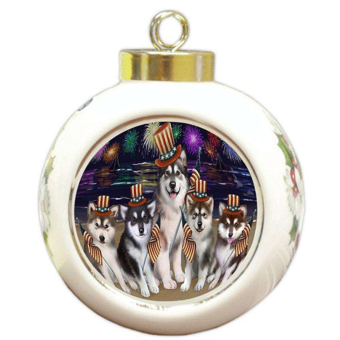 4th of July Firework Alaskan Malamutes Dog Round Ball Christmas Ornament RBPOR48154